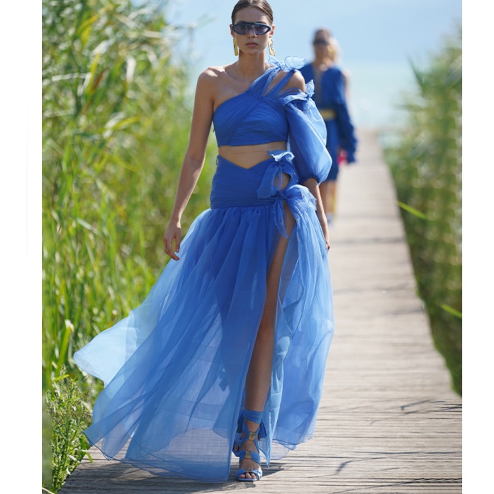 Raisa Vanessa blue organza maxi skirt with high slit